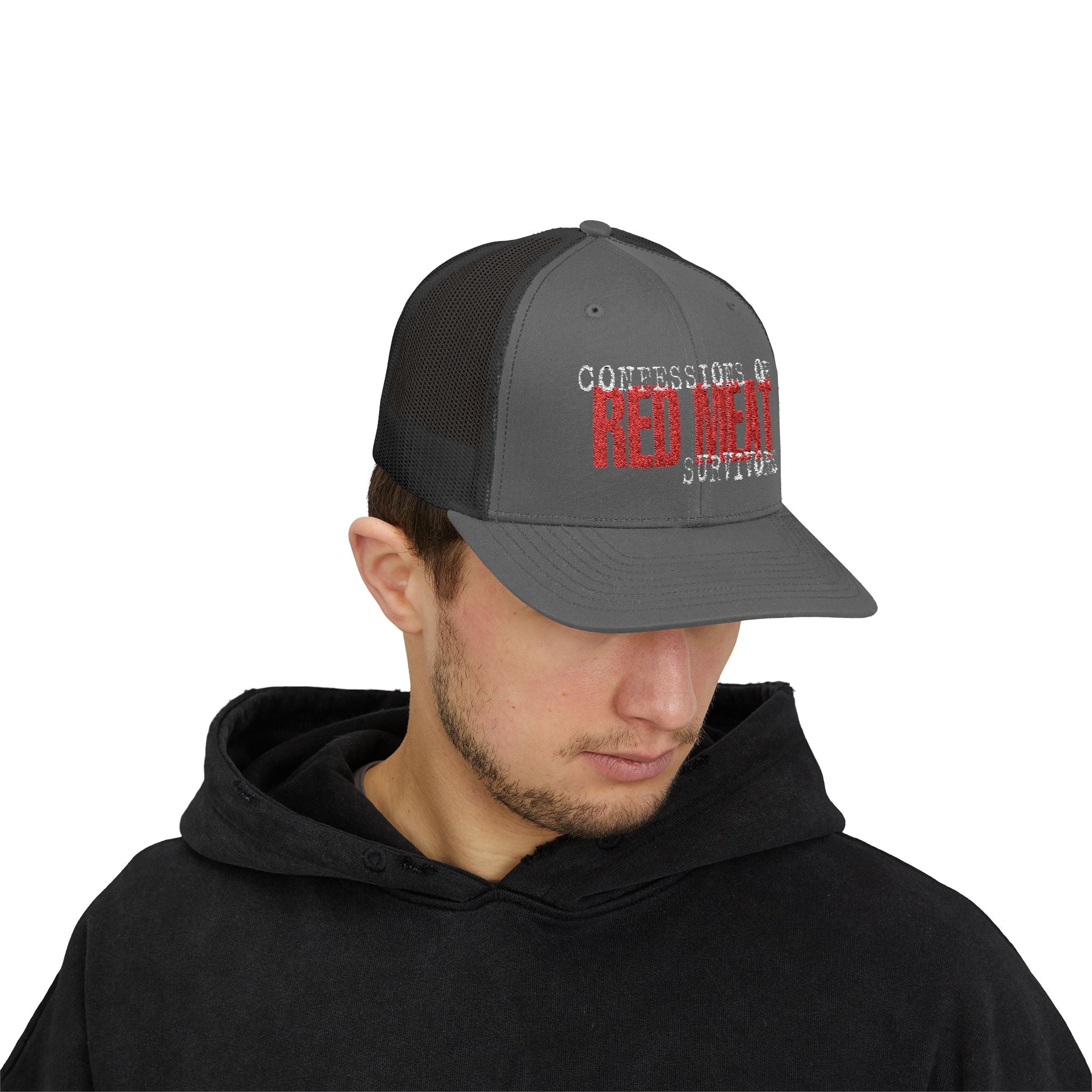 Snapback Trucker Cap – Confessions of Red Meat Survivors Embroidered Hat